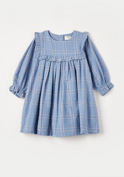Juniors Checked A-line Dress with Pleat Detail and Long Sleeves