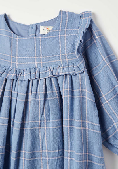 Juniors Checked A-line Dress with Pleat Detail and Long Sleeves