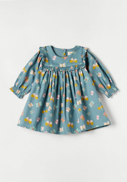 Juniors Butterfly Print Round Neck Dress with Long Sleeves and Ruffle Trim