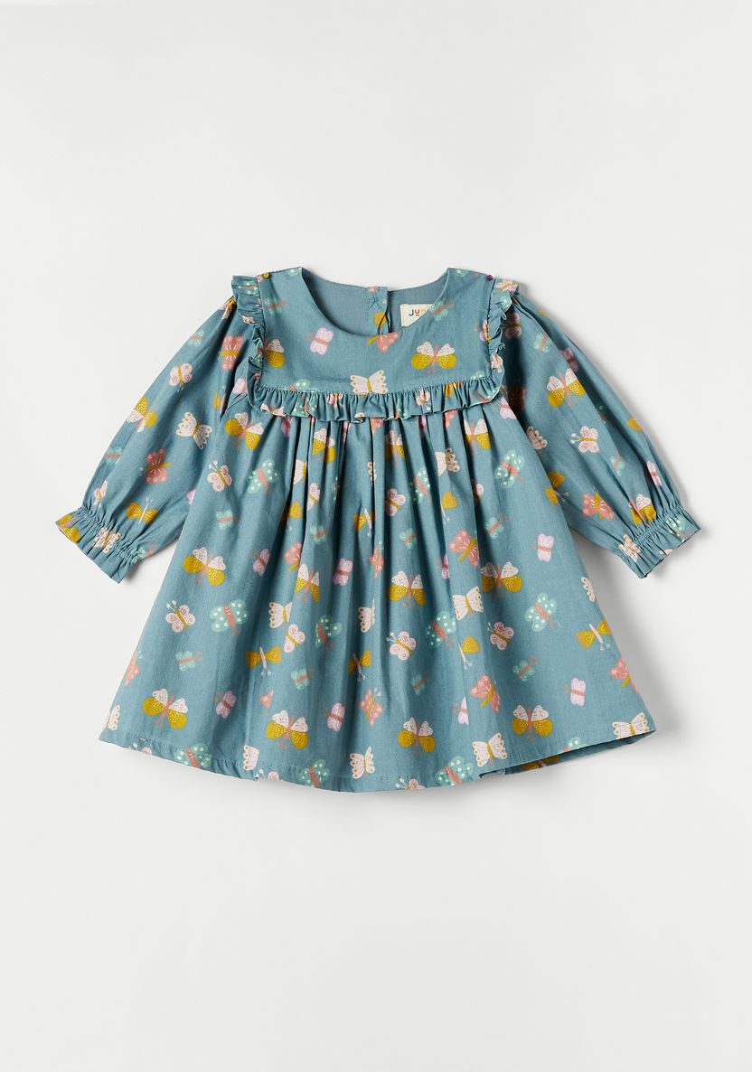 Juniors Butterfly Print Round Neck Dress with Long Sleeves and Ruffle Trim-Dresses, Gowns & Frocks-image-0