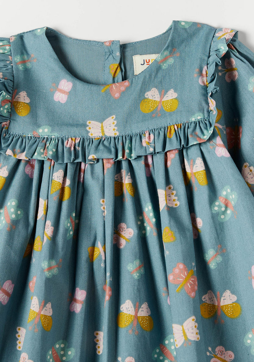 Juniors Butterfly Print Round Neck Dress with Long Sleeves and Ruffle Trim-Dresses, Gowns & Frocks-image-1