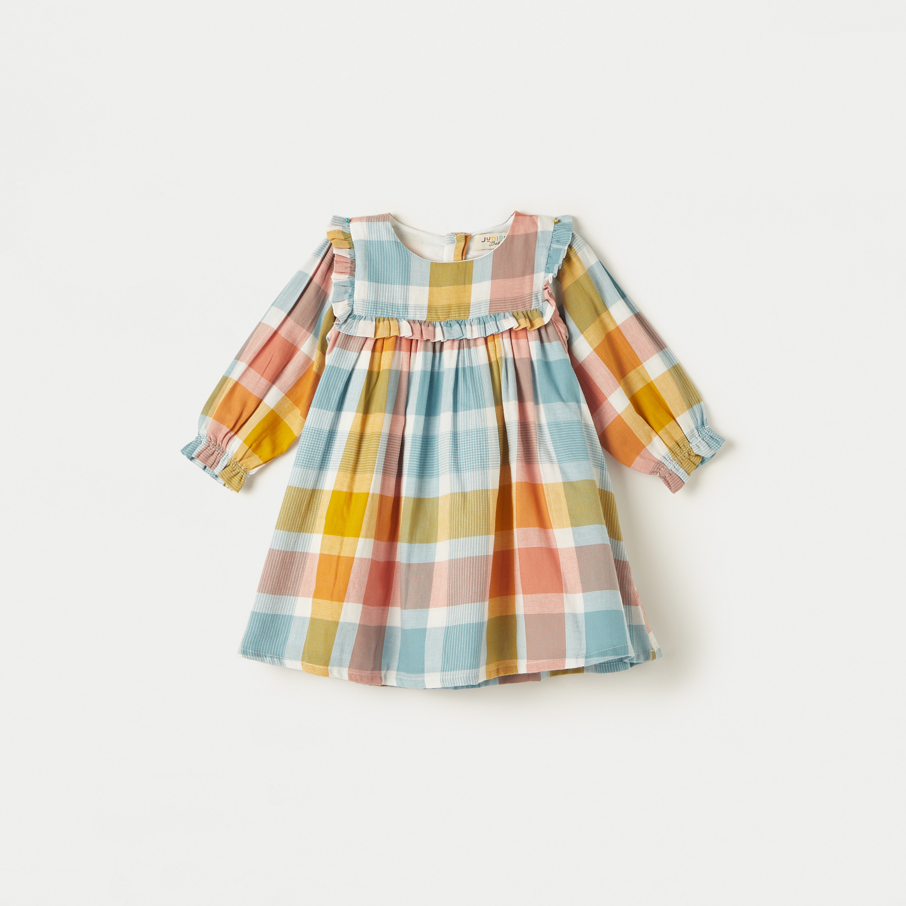Juniors Checked Dress with Round Neck and Long Sleeves-baby-girls-clothing-dressesandjumpsuits-image-1