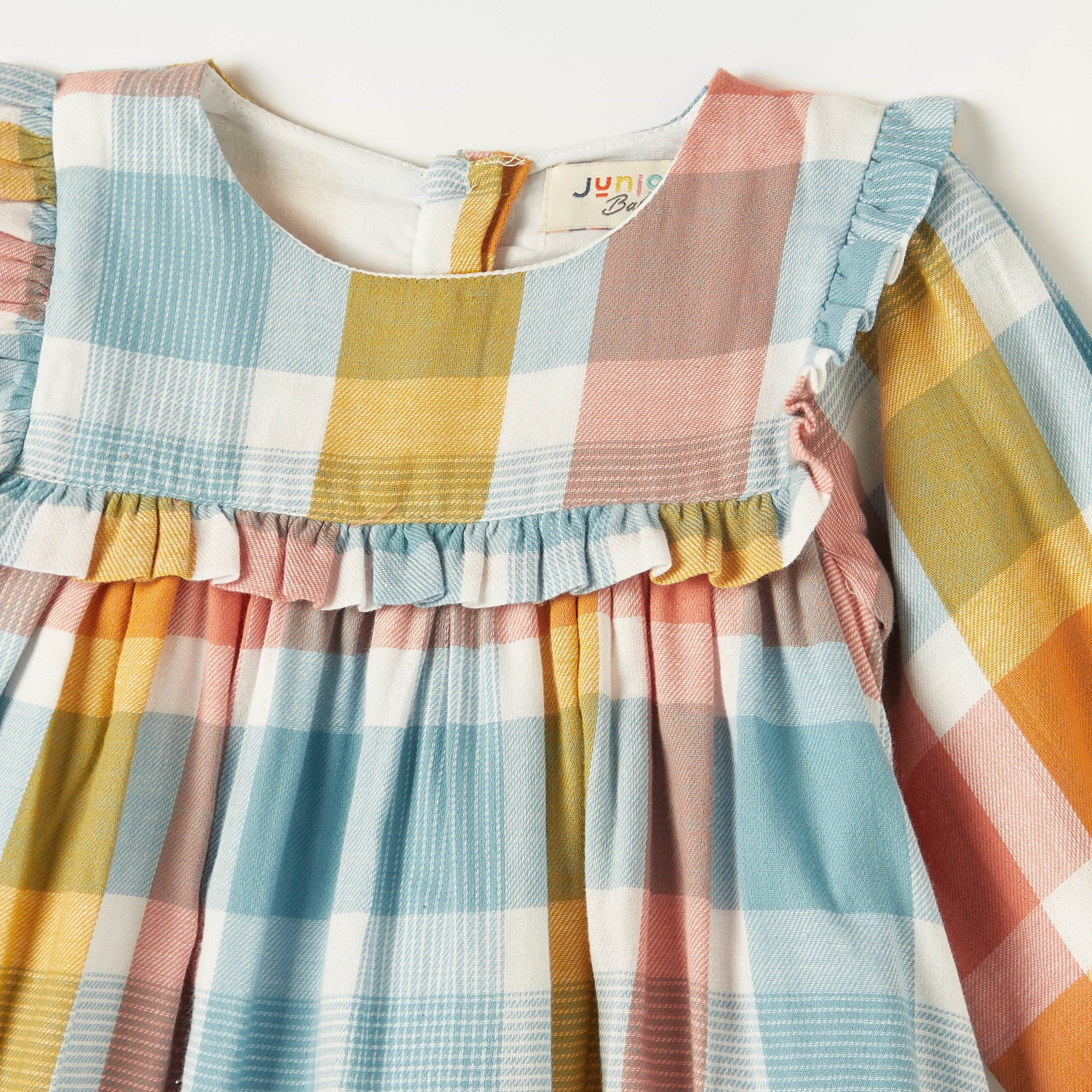 Juniors Checked Dress with Round Neck and Long Sleeves-baby-girls-clothing-dressesandjumpsuits-image-2