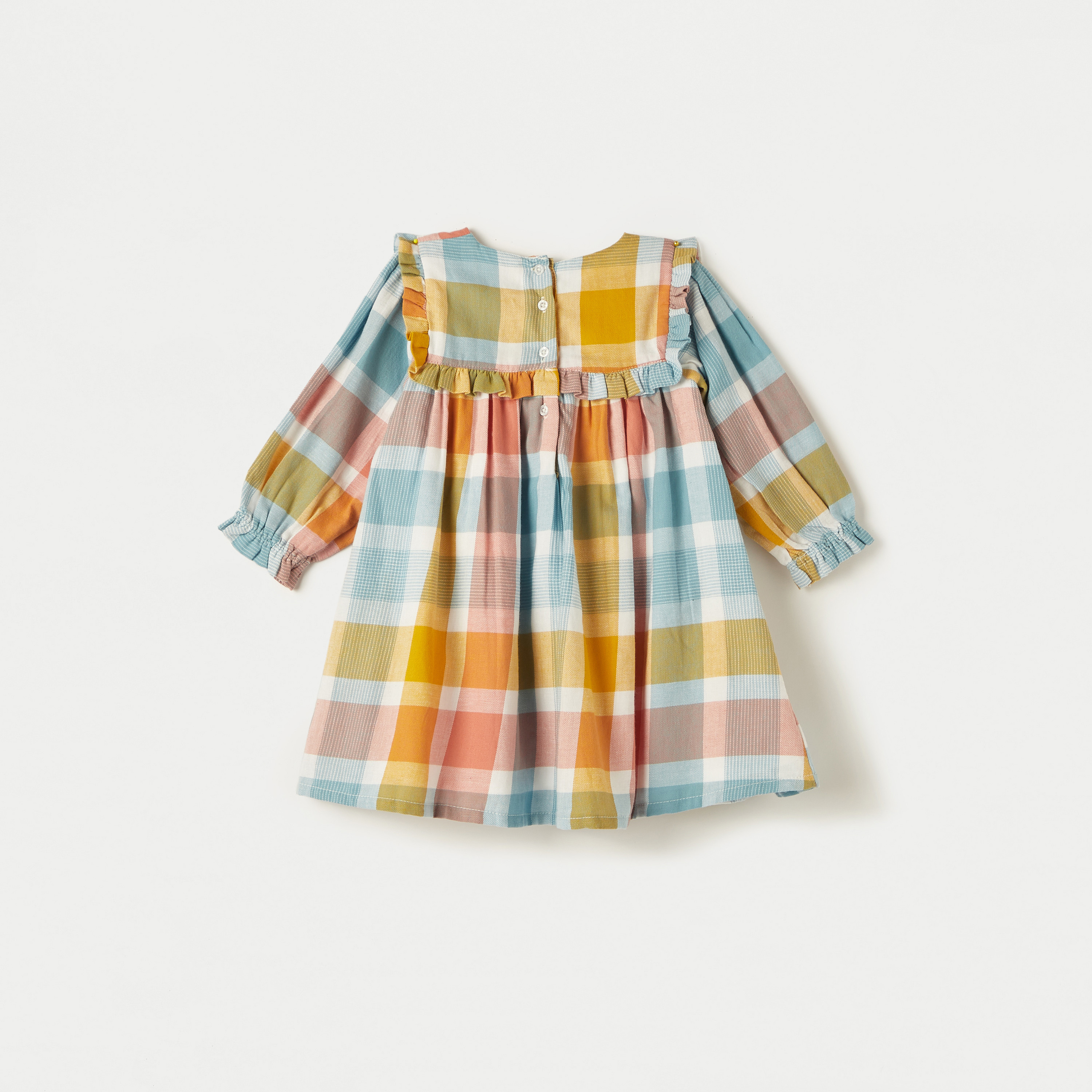 Juniors Checked Dress with Round Neck and Long Sleeves-baby-girls-clothing-dressesandjumpsuits-image-4