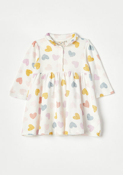 Juniors Heart Print Polo Dress with Long Sleeves and Button Closure