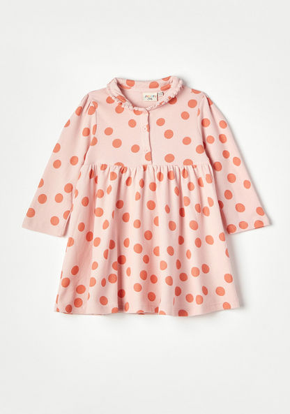 Juniors Polka Dot Polo Dress with Long Sleeves and Button Closure