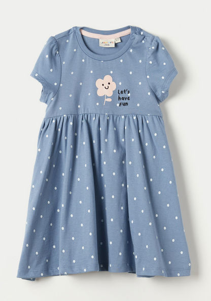 Juniors Polka Dot Dress with Round Neck and Short Sleeves
