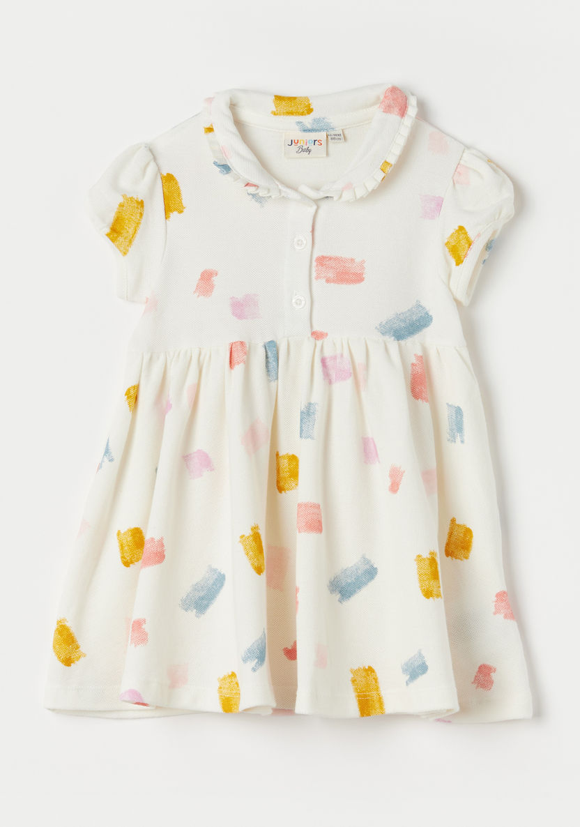 Juniors Printed Polo Dress with Ruffles and Puff Sleeves-Dresses, Gowns & Frocks-image-0