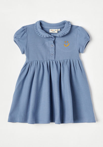Juniors Embroidered Polo Dress with Puff Sleeves and Button Closure