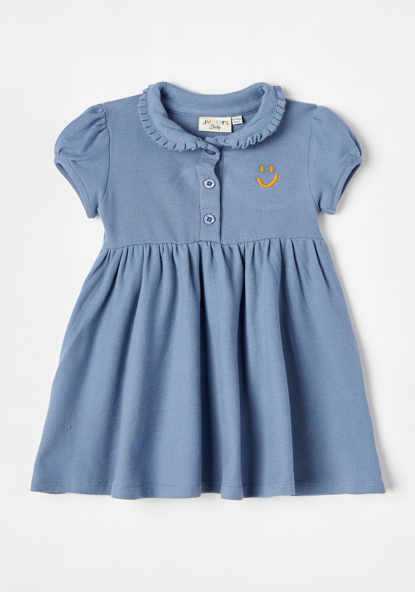Juniors Embroidered Polo Dress with Puff Sleeves and Button Closure-Dresses, Gowns & Frocks-image-0