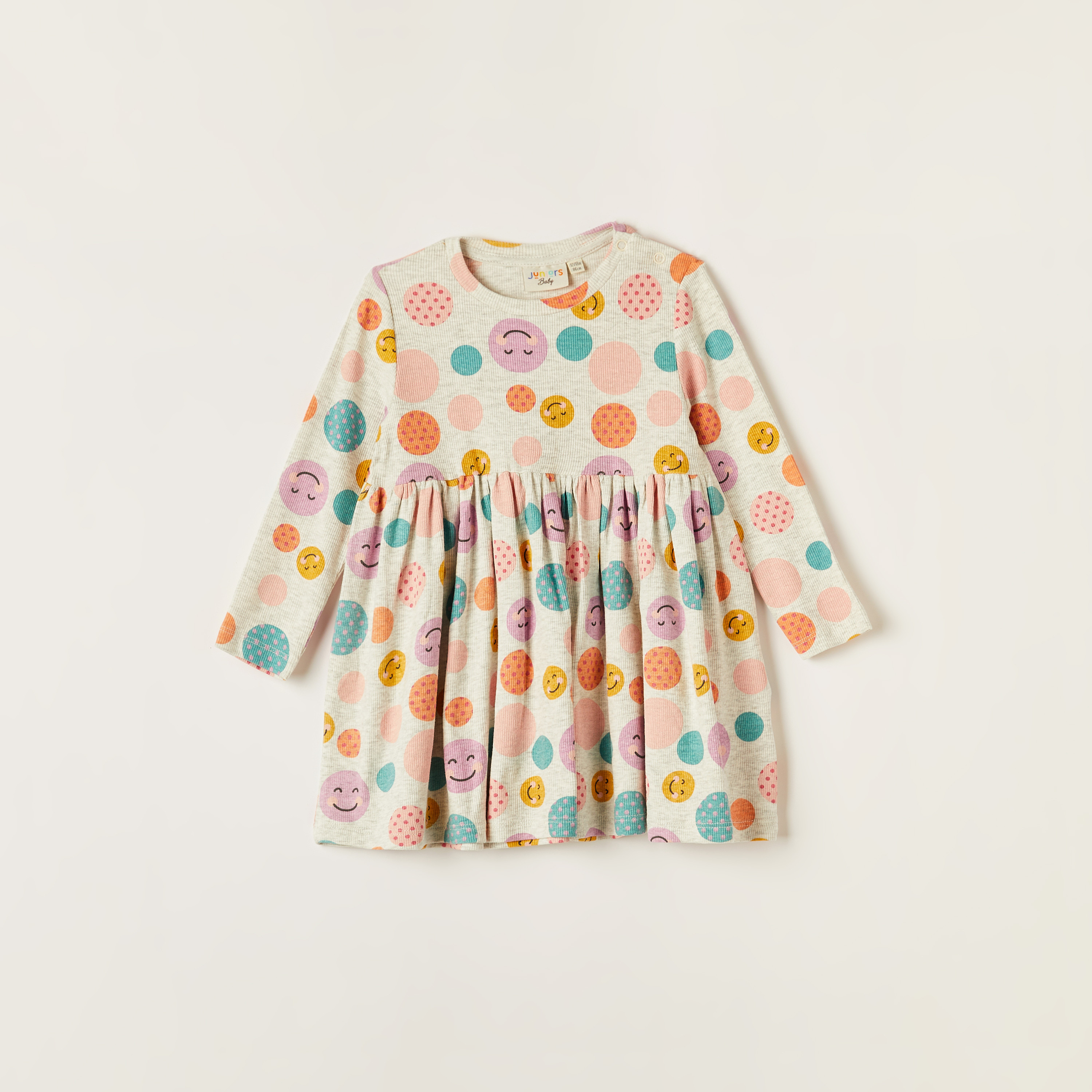 Juniors Printed Long Sleeves Dress with Round Neck and Gather Detail-baby-girls-clothing-dressesandjumpsuits-image-1