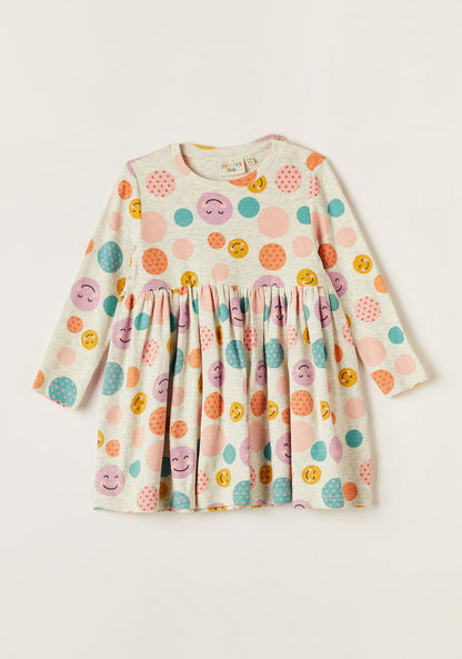 Juniors Printed Long Sleeves Dress with Round Neck and Gather Detail