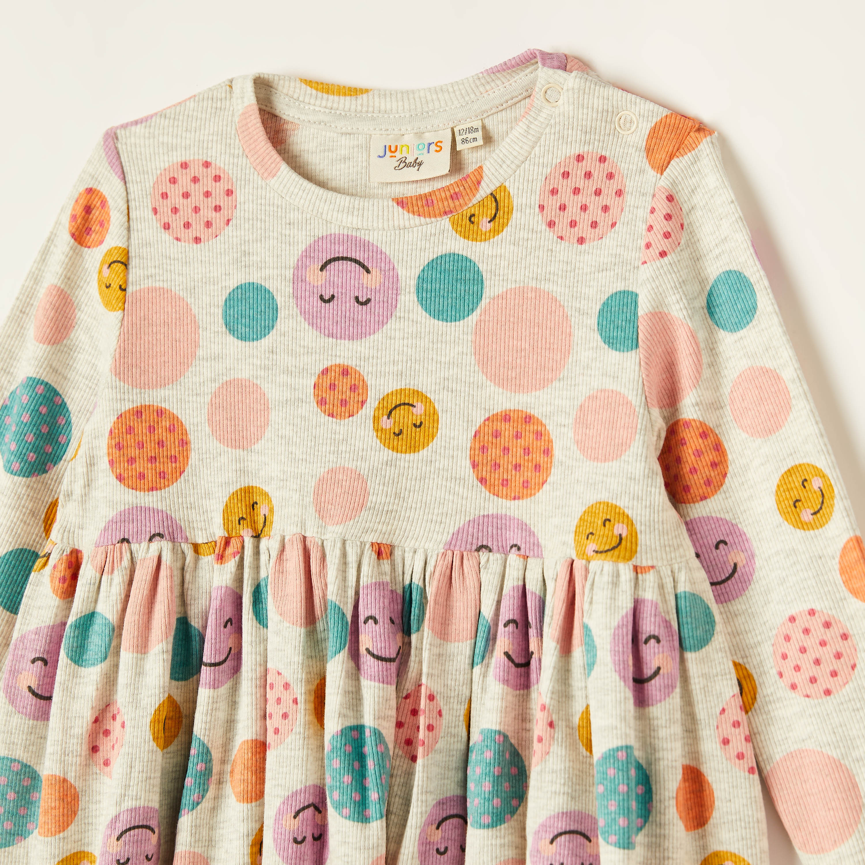 Juniors Printed Long Sleeves Dress with Round Neck and Gather Detail-baby-girls-clothing-dressesandjumpsuits-image-2