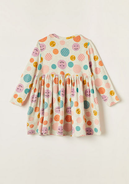 Juniors Printed Long Sleeves Dress with Round Neck and Gather Detail