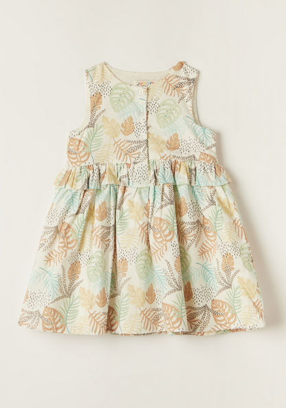 Juniors Tropical Print Sleeveless Dress with Ruffles and Button Closure-Dresses%2C Gowns and Frocks-image-0