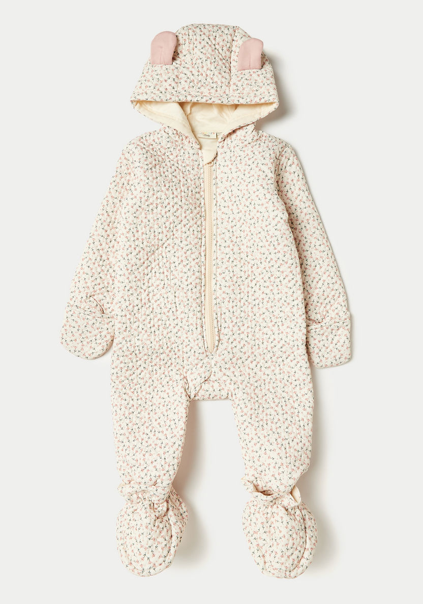 Juniors Floral Print Closed Feet Romper with Hood and Zip Closure-Rompers, Dungarees & Jumpsuits-image-0