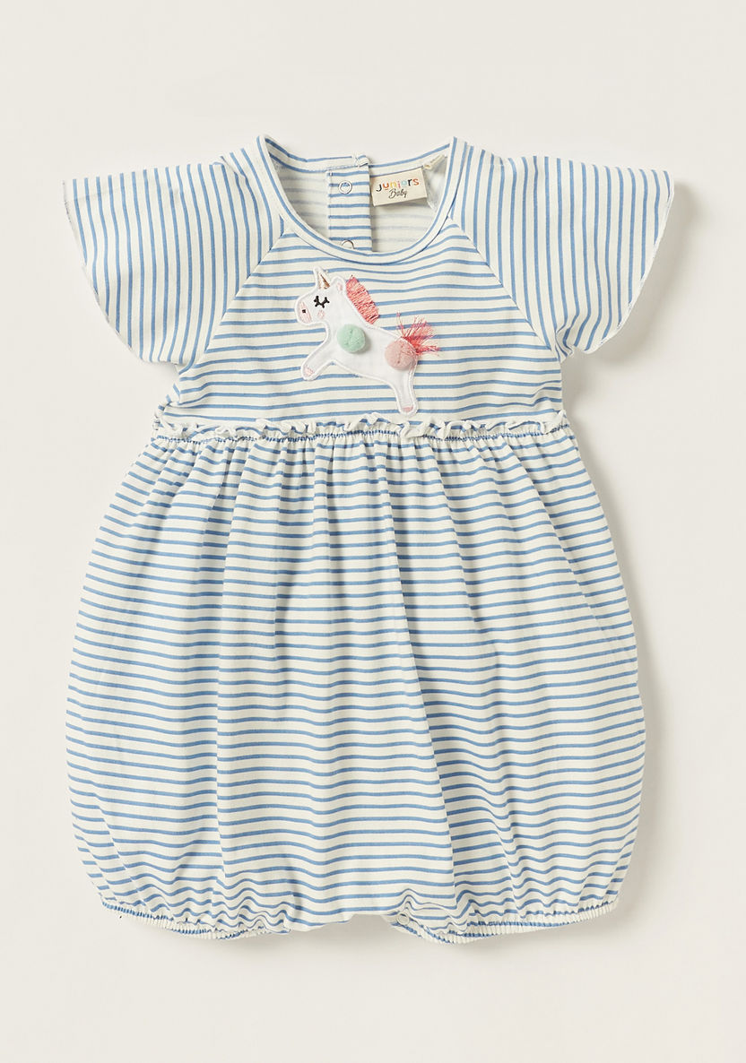 Juniors Striped Round Neck Romper with Short Sleeves and Applique Detail-Rompers, Dungarees & Jumpsuits-image-0