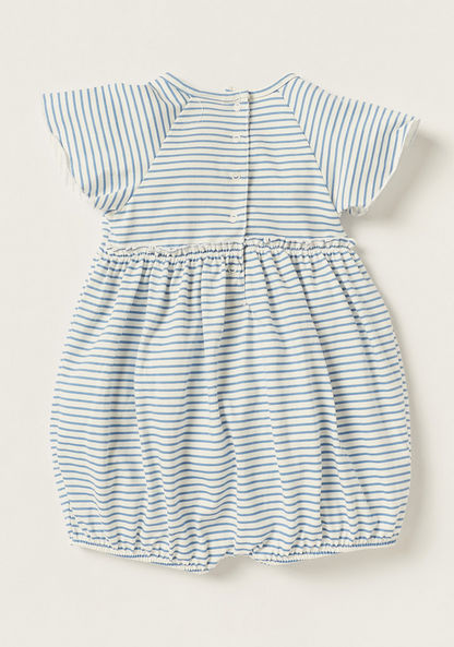 Juniors Striped Round Neck Romper with Short Sleeves and Applique Detail