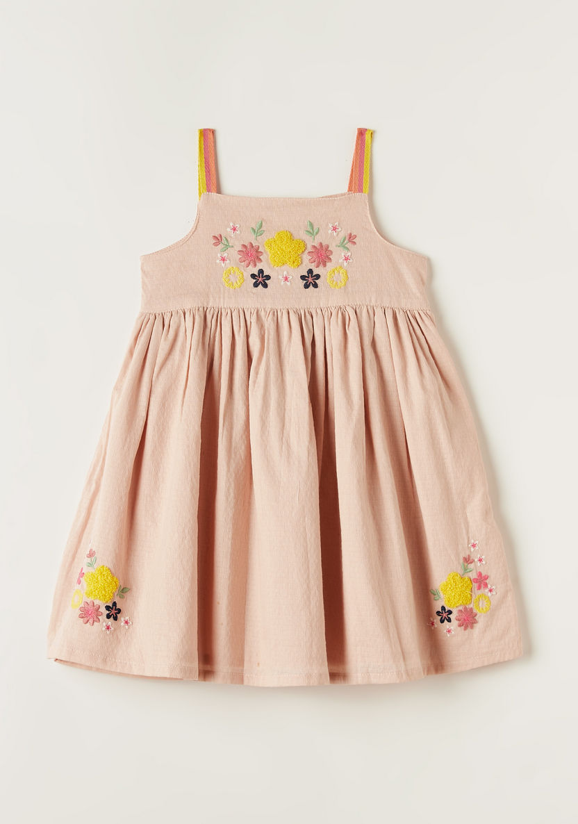 Juniors Floral Embroidered Sleeveless Dress with Button Closure-Dresses, Gowns & Frocks-image-0