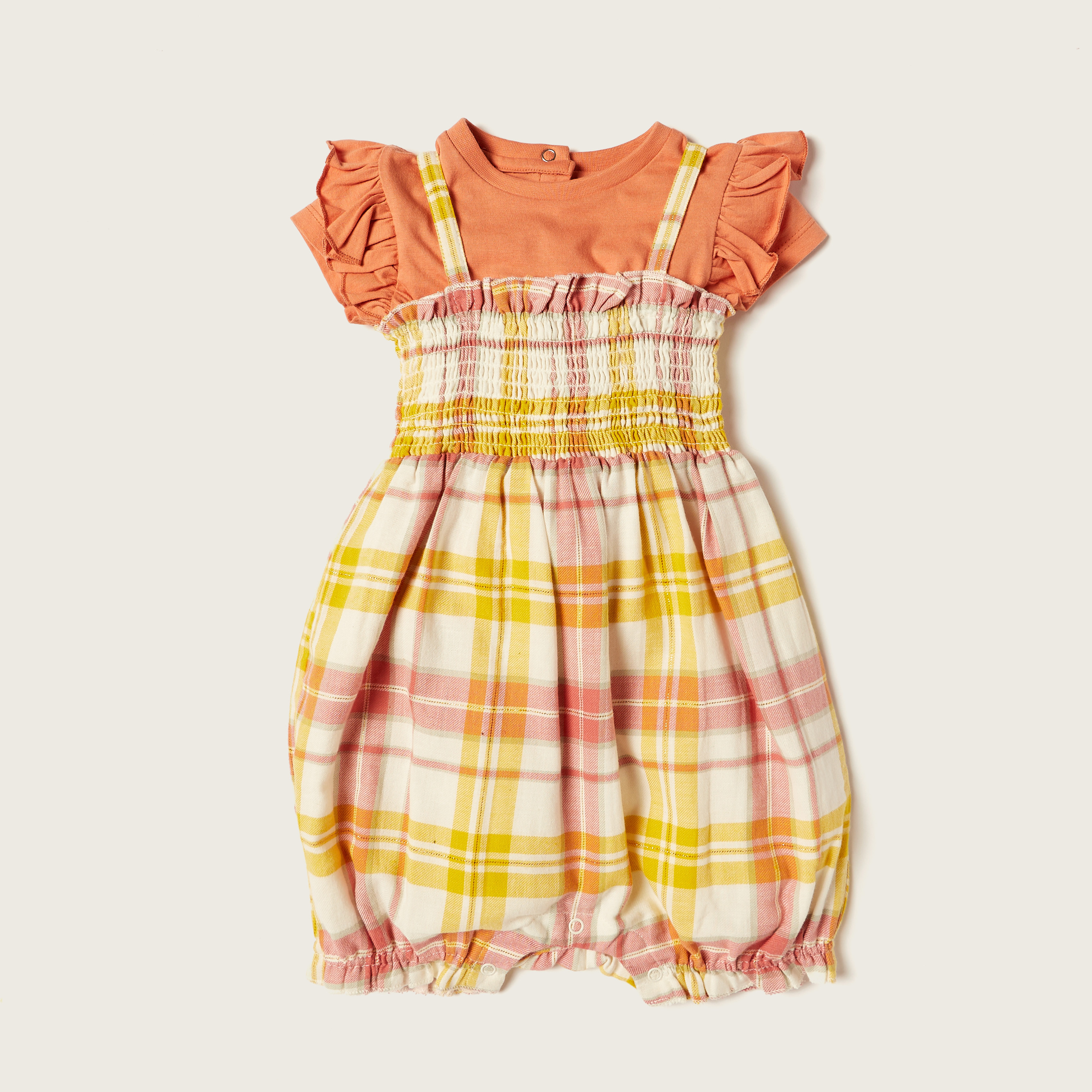 Juniors Solid T-shirt and Checked Dungaree Set-baby-girls-clothing-setsandcoords-image-1