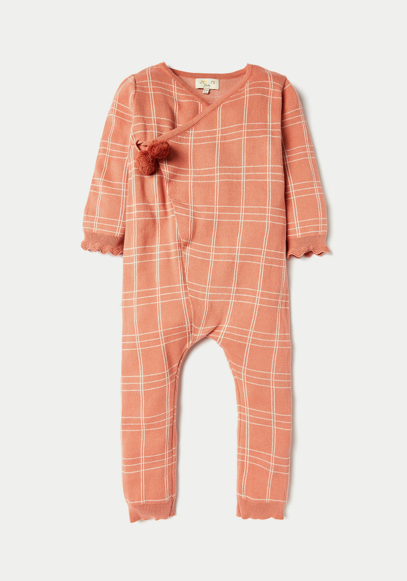 Juniors Checked Romper with Long Sleeves and Pom Pom Accent-Rompers, Dungarees & Jumpsuits-image-0