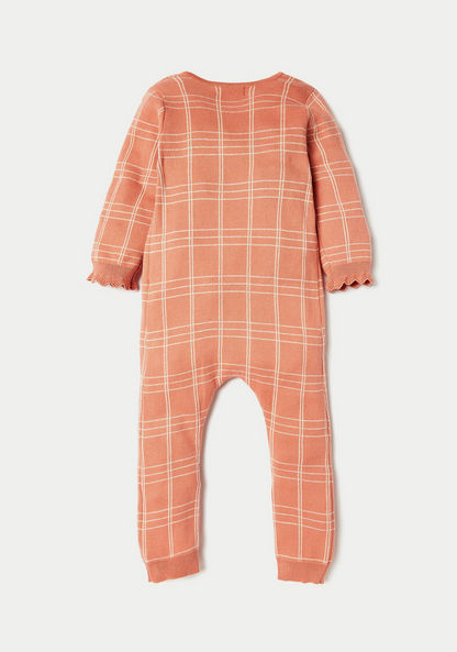 Juniors Checked Romper with Long Sleeves and Pom Pom Accent