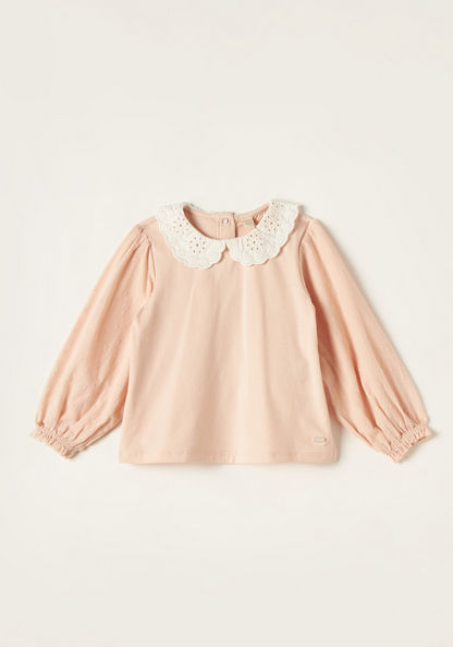 Giggles Solid Top with Lace Detail and Long Sleeves