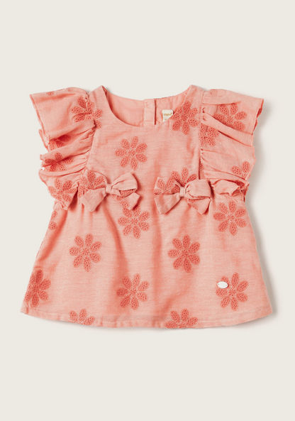 Giggles Embroidered Top with Bow Accent and Ruffles