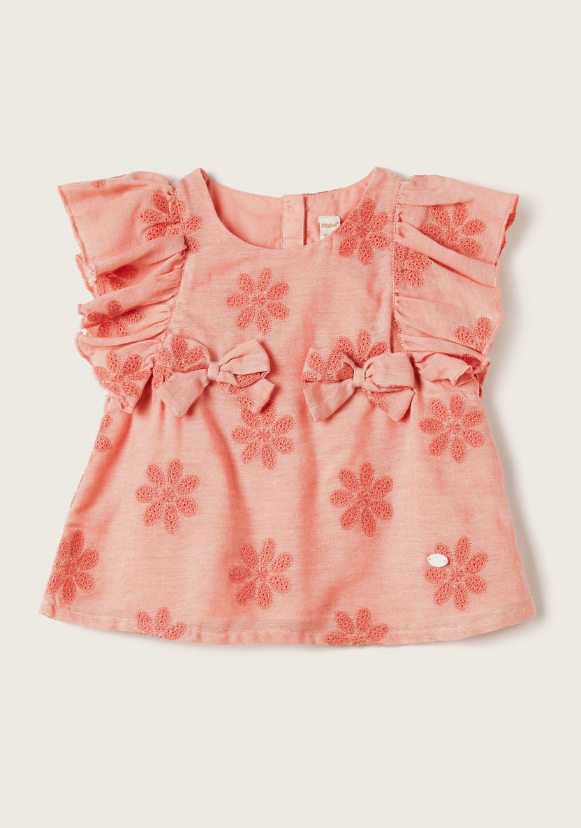 Giggles Embroidered Top with Bow Accent and Ruffles-Blouses-image-0