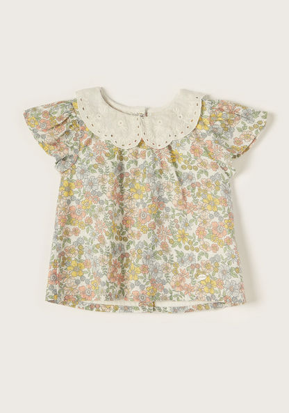 Giggles Floral Print Top with Lace Textured Peter Pan Collar-Blouses-image-0