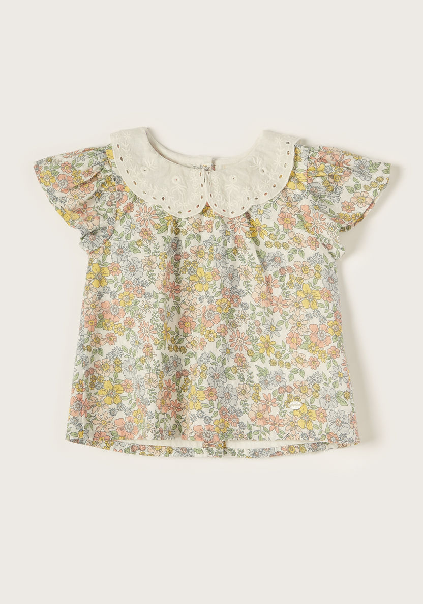 Giggles Floral Print Top with Lace Textured Peter Pan Collar-Blouses-image-0