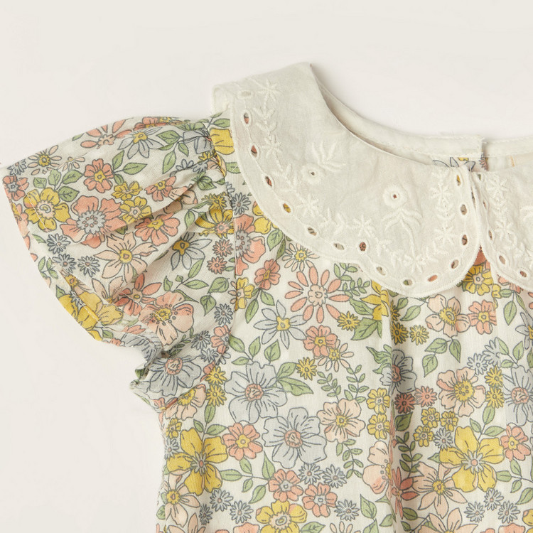 Giggles Floral Print Top with Lace Textured Peter Pan Collar