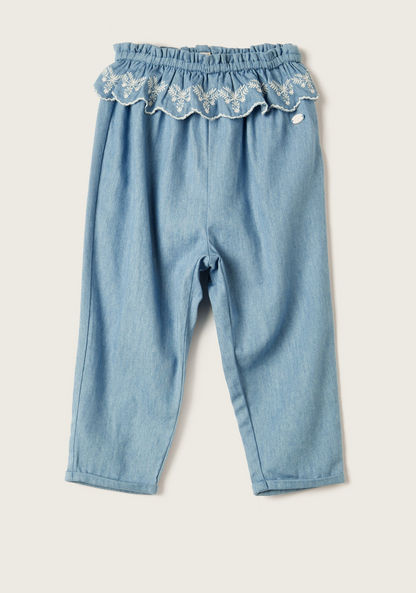 Giggles Embroidered Pants with Ruffle and Elasticated Waistband-Pants-image-0