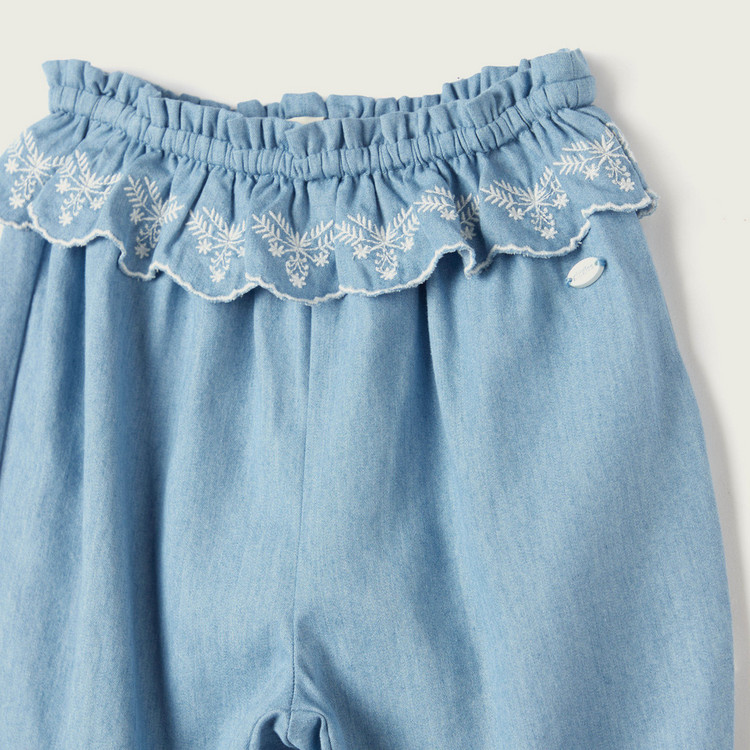 Giggles Embroidered Pants with Ruffle and Elasticated Waistband