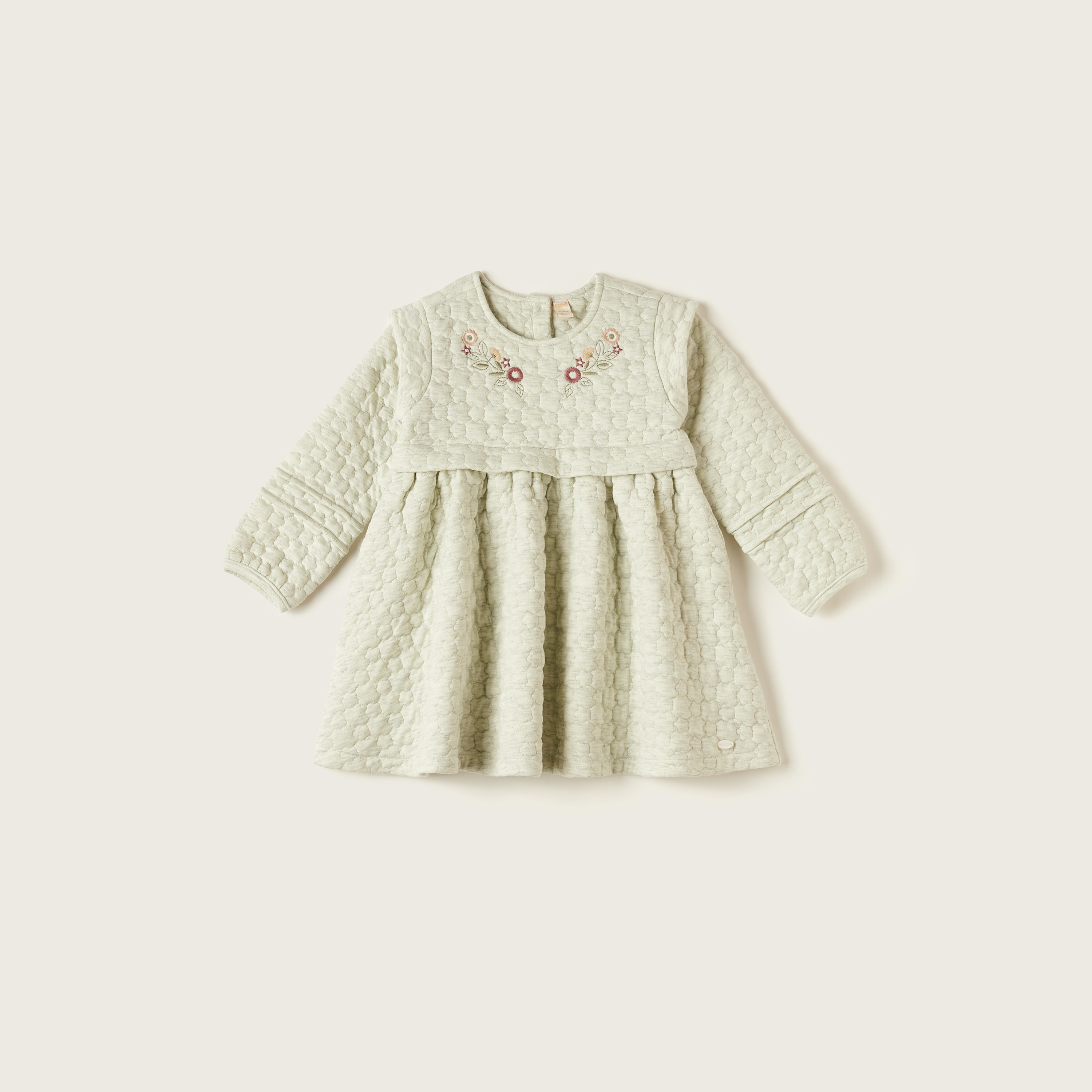 Giggles Textured Dress with Long Sleeves and Embroidered Detail-baby-girls-clothing-dressesandjumpsuits-image-1