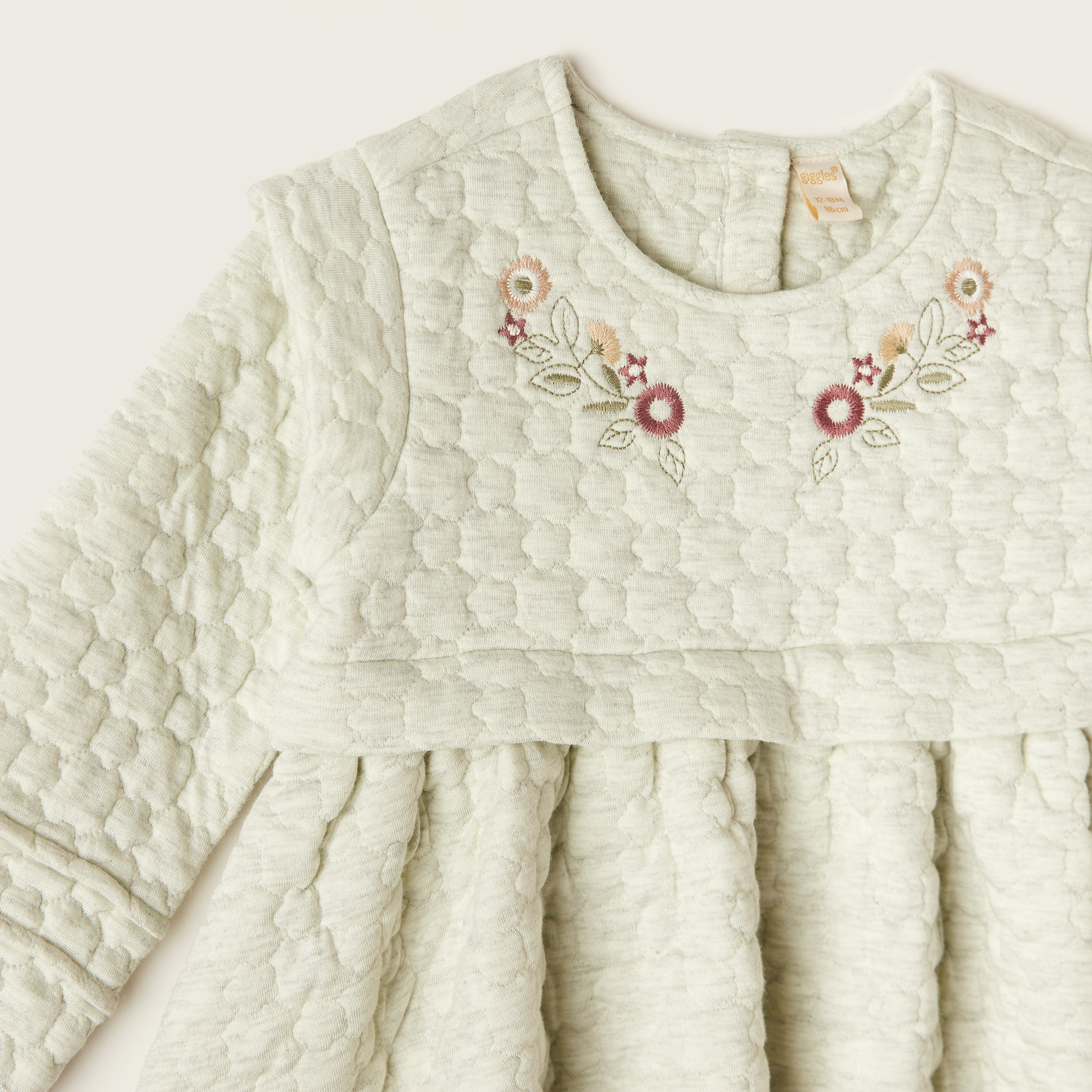 Giggles Textured Dress with Long Sleeves and Embroidered Detail-baby-girls-clothing-dressesandjumpsuits-image-2