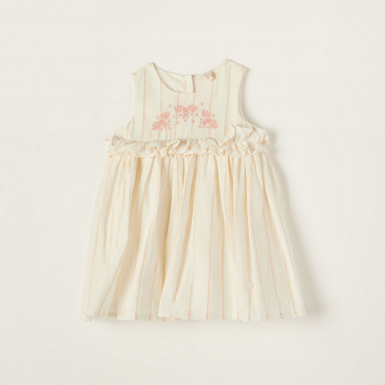 Giggles Embroidered Sleeveless Dress with Ruffle and Button Closure