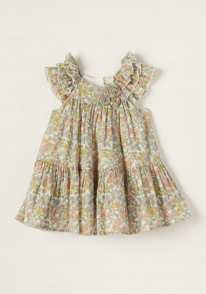 Giggles Floral Print Tiered Dress with Short Sleeves and Ruffle Detail-Dresses%2C Gowns and Frocks-image-0