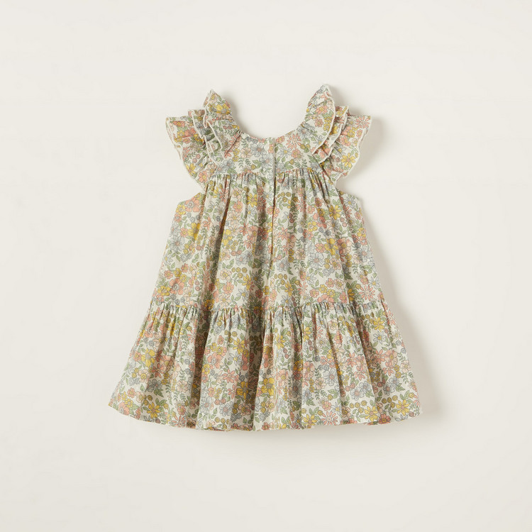 Giggles Floral Print Tiered Dress with Short Sleeves and Ruffle Detail