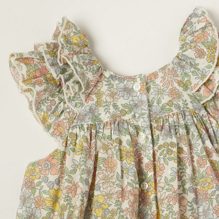 Giggles Floral Print Tiered Dress with Short Sleeves and Ruffle Detail