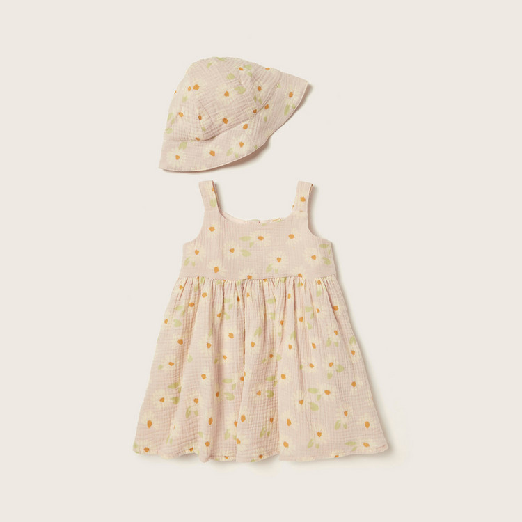 Giggles Floral Print Sleeveless A-line Dress and Cap Set
