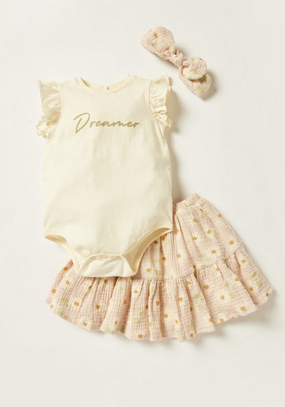 Giggles Printed Bodysuit and Skirt Set with Bow Accented Headband