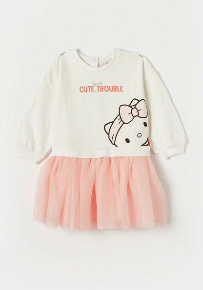 Sanrio Hello Kitty Glitter Print Dress with Long Sleeves and Frill Detail-Dresses%2C Gowns and Frocks-image-0