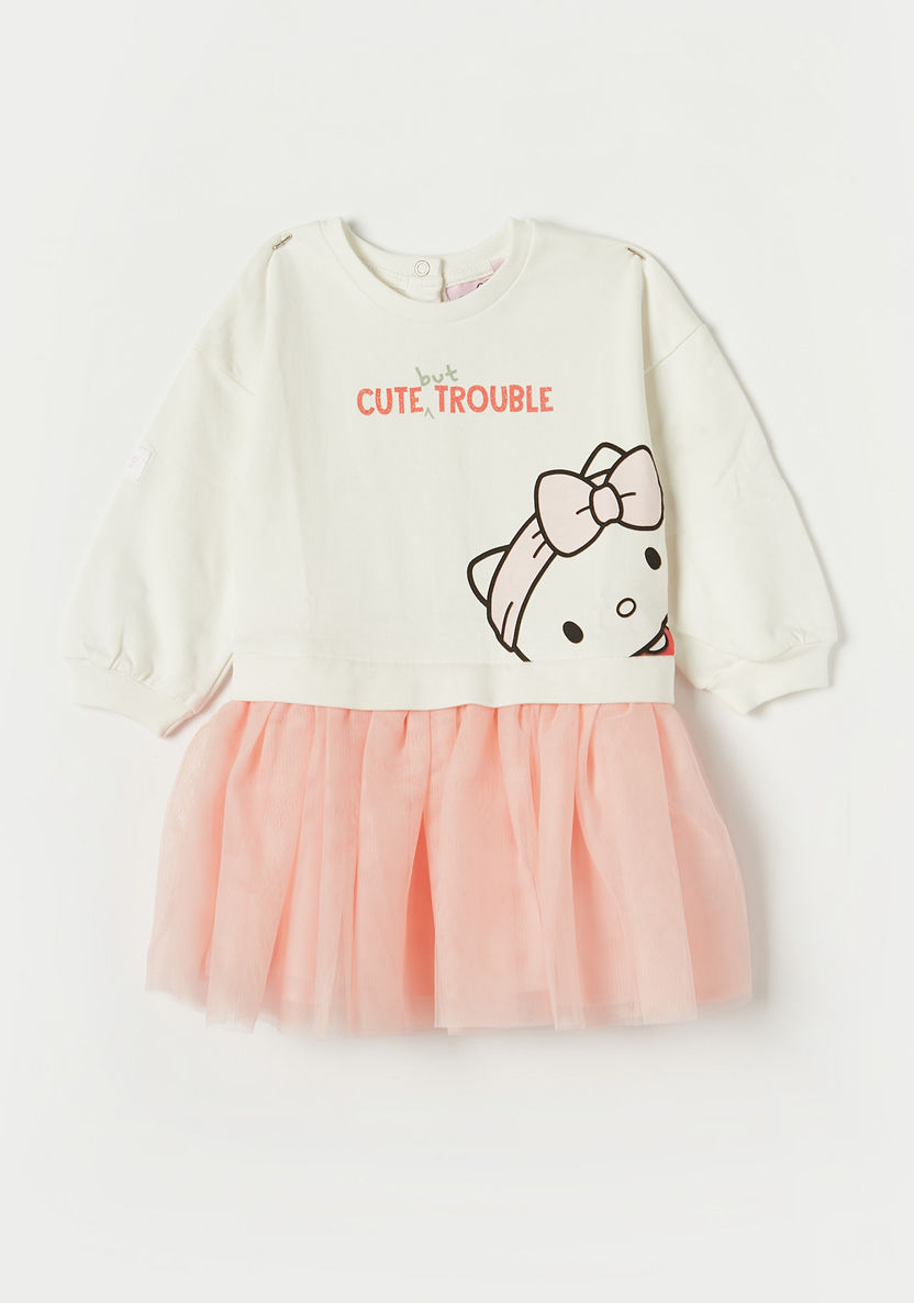 Sanrio Hello Kitty Glitter Print Dress with Long Sleeves and Frill Detail-Dresses, Gowns & Frocks-image-0