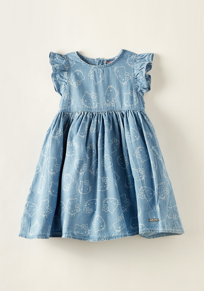 Sanrio Hello Kitty Print A-line Denim Dress with Ruffled Sleeves-Dresses%2C Gowns and Frocks-image-0