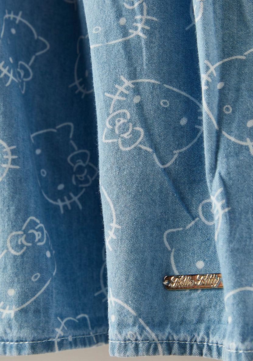 Sanrio Hello Kitty Print A-line Denim Dress with Ruffled Sleeves-Dresses%2C Gowns and Frocks-image-1