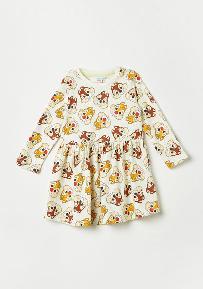 Chip 'n' Dale Print Dress with Long Sleeves and Button Closure-Dresses%2C Gowns and Frocks-image-0