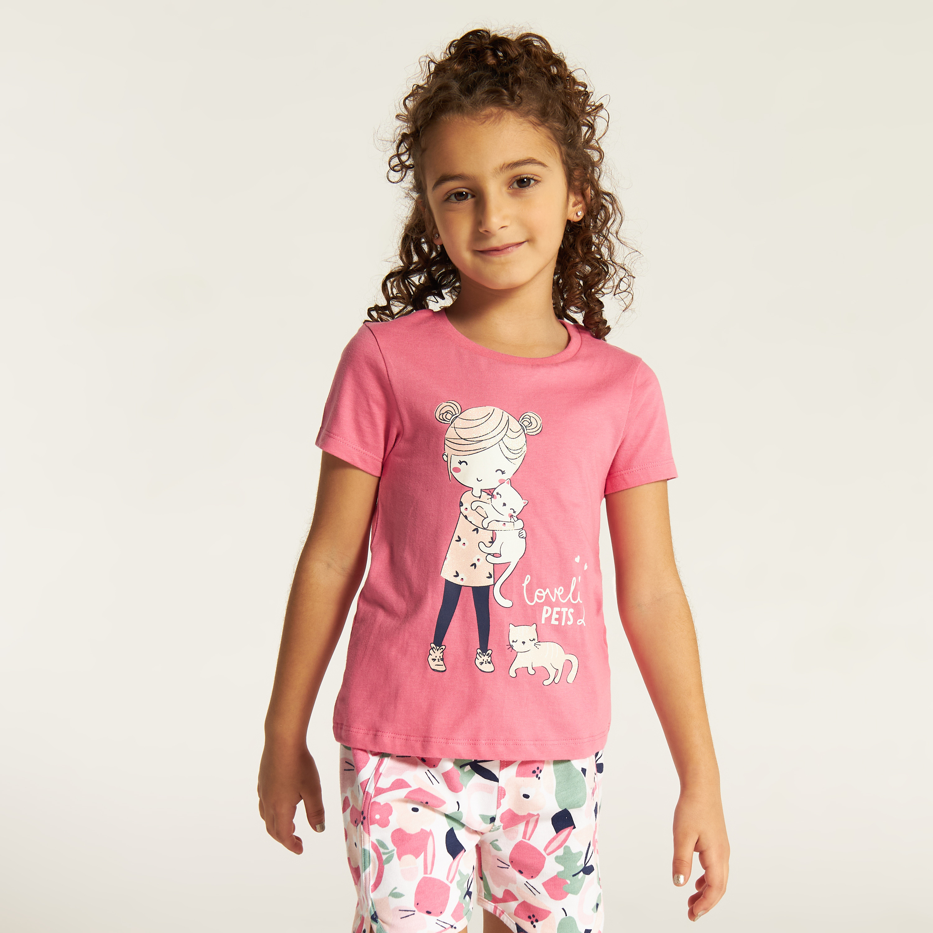Juniors Printed Round Neck T-shirt with Short Sleeves-girls-clothing-tshirts-image-2