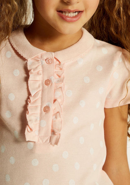 Juniors Polka Dot Print Polo T-shirt with Short Sleeves and Ruffle Detail