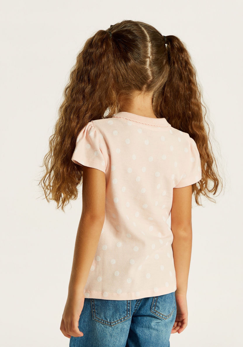 Juniors Polka Dot Print Polo T-shirt with Short Sleeves and Ruffle Detail-T Shirts-image-4